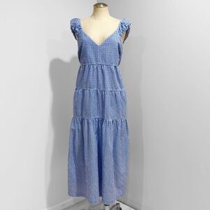 Old Navy Blue White Gingham Cottage Seersucker Tiered Maxi Dress Size L